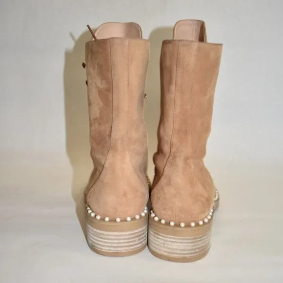 $750 STUART WEITZMAN Sondra Pearl Combat LACE UP Boot SUEDE TAN 9.5 (PA15)